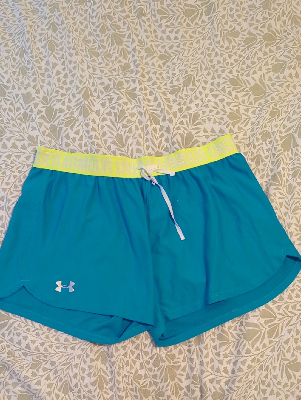 Under Armour Women's Teal Athletic Shorts with Neon Yellow Waistband